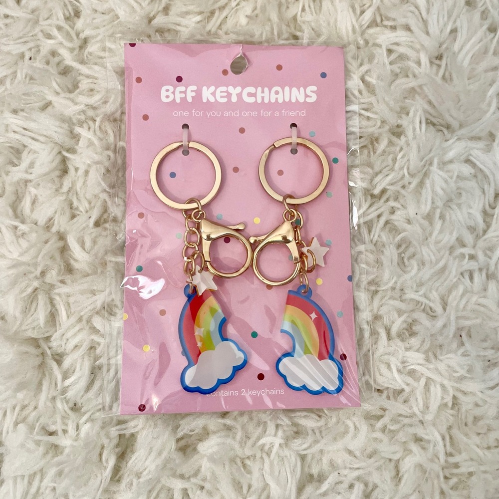 More Than Magic Kids BFF Rainbow Keychains Gold Tone 2pc Set Backpack Charms NEW